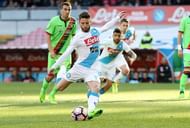 NAPLES, ITALY - MARCH 12: Napolis player Dries Mertens scores the 2-0 goal during the Serie A match between SSC Napoli and FC Crotone at Stadio San Paolo on March 12, 2017 in Naples, Italy.  (Photo by Francesco Pecoraro/Getty Images)